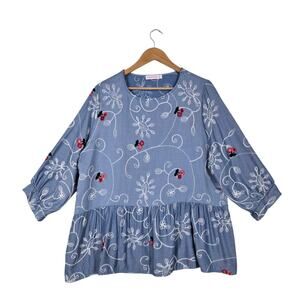 Ana Rose Babydoll Peasant Top sz 2X Blue Embroidered Flounced Ruffle Hem Boho